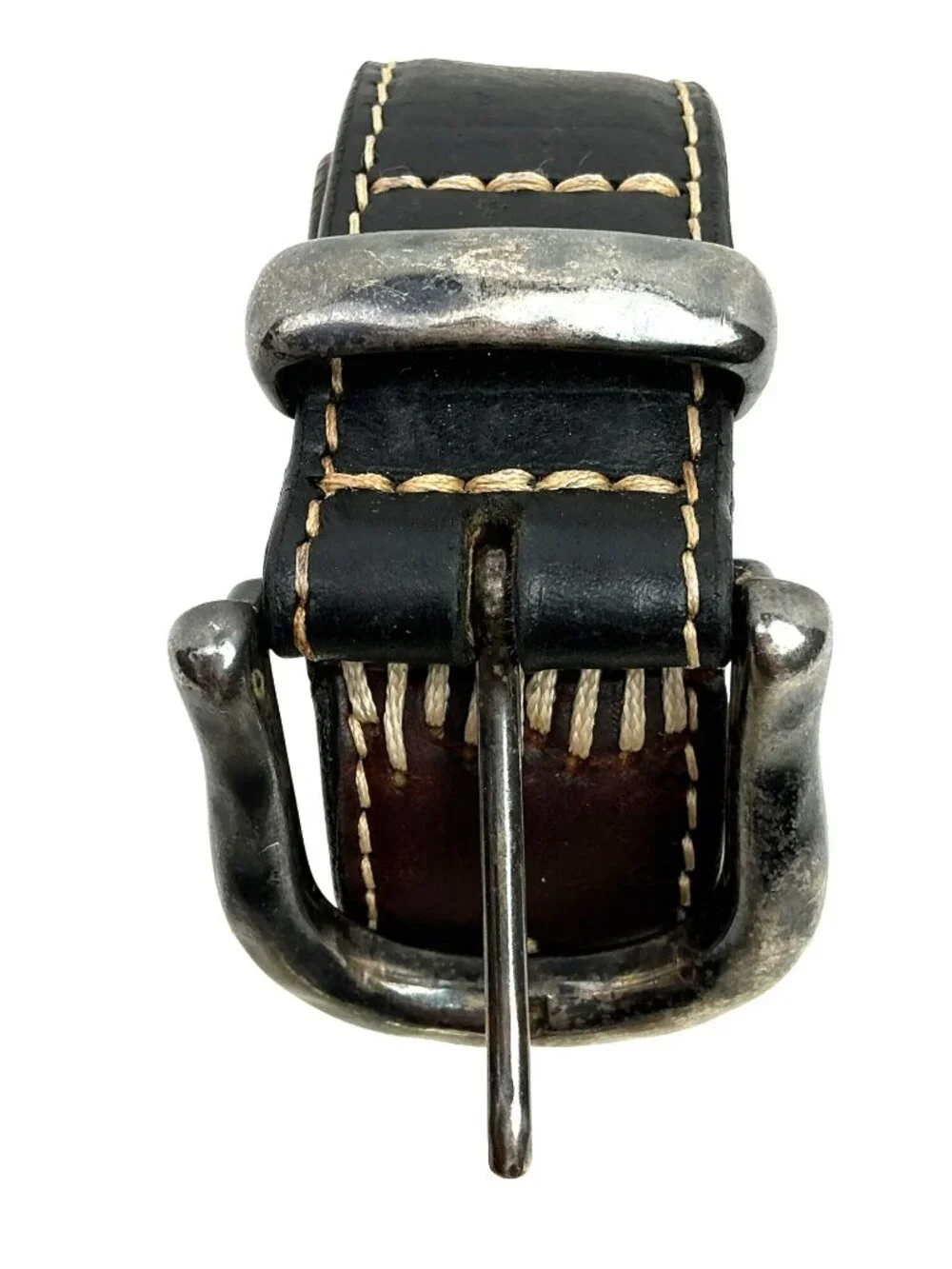 Two-Tone Western Leather Belt Rustic Buckle & Intricate Stitching Vintage Small